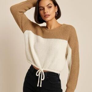 Hollister Vintage Waffle Knit 2 Tone Sweater w Back Cutouts Size Small Tan White